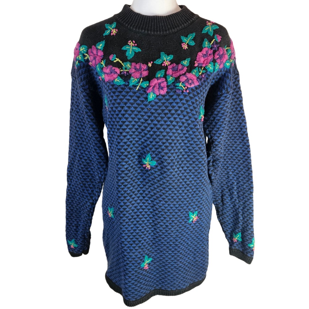 Midnight Blues Vintage Floral Tunic Sweater Women Medium Embroidered Cottagecore
